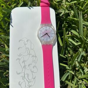 Swatch Pink Strap Clear Case Watch